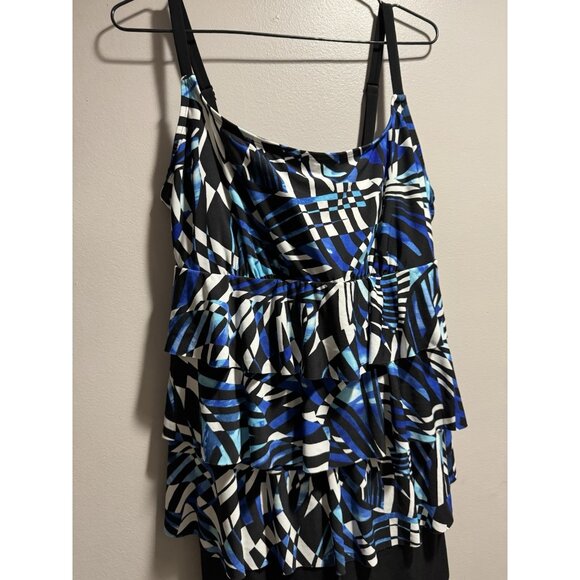 Longitude Size 12 Black White Blue Artsy One Piece Swimsuit Modest Coverage - Picture 2 of 6
